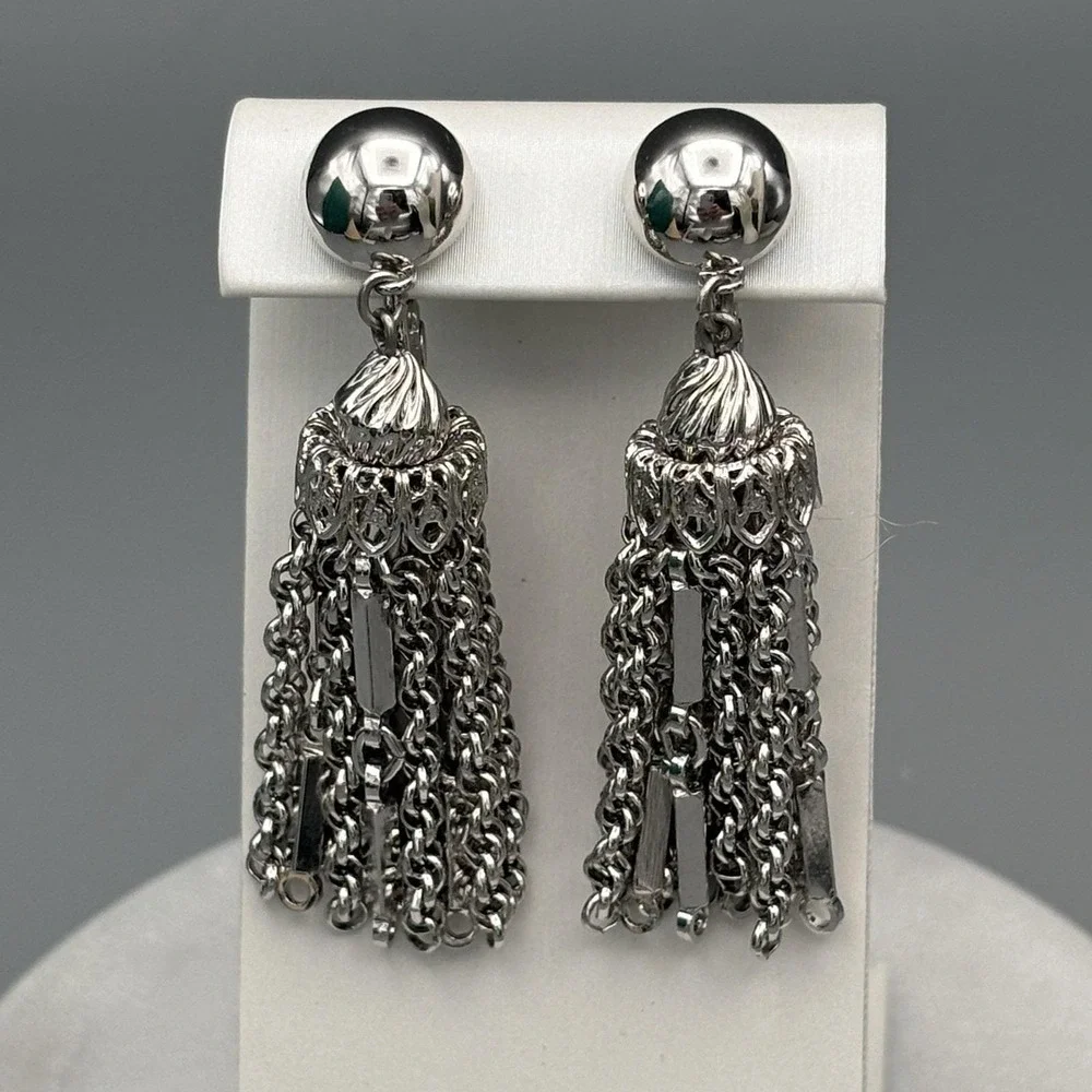 Monet Clip On Earrings Damita Silver Tone Tassel Vintage Filigree Drop 2 Inch